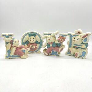 Vintage 1991 Burwood Products Bunny Rabbit LOVE Wall‎ Hanging Plaque Set 4pc